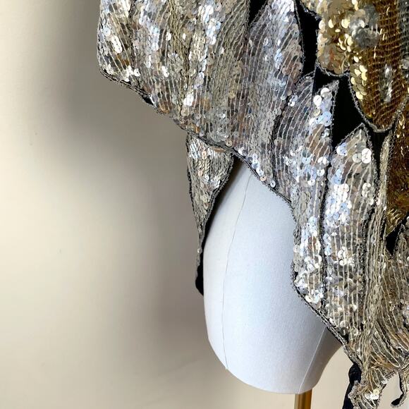 Vintage 80s Silver Gold Sequin Butterfly Silk Top Sz L NYE Glam Party Statement - Picture 3 of 9